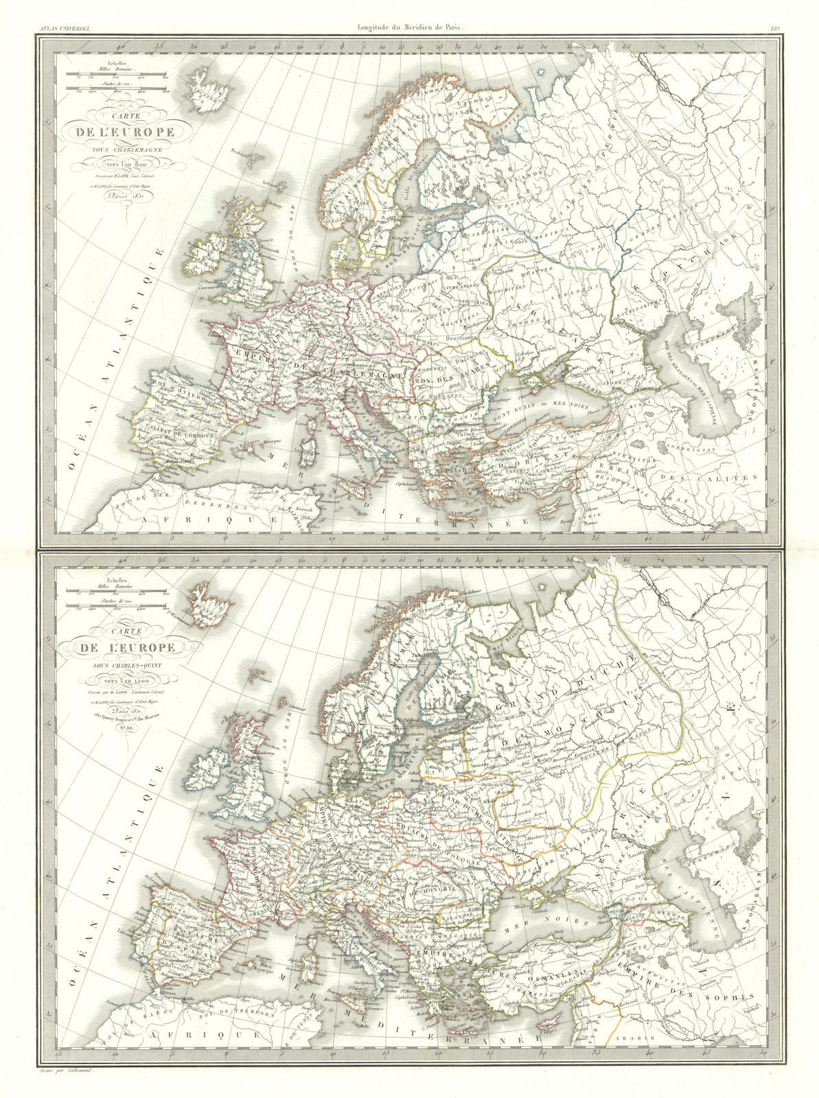 Carte de l'Europe sous Charlemagne (800) & Charles V (1500). LAPIE 1831 map